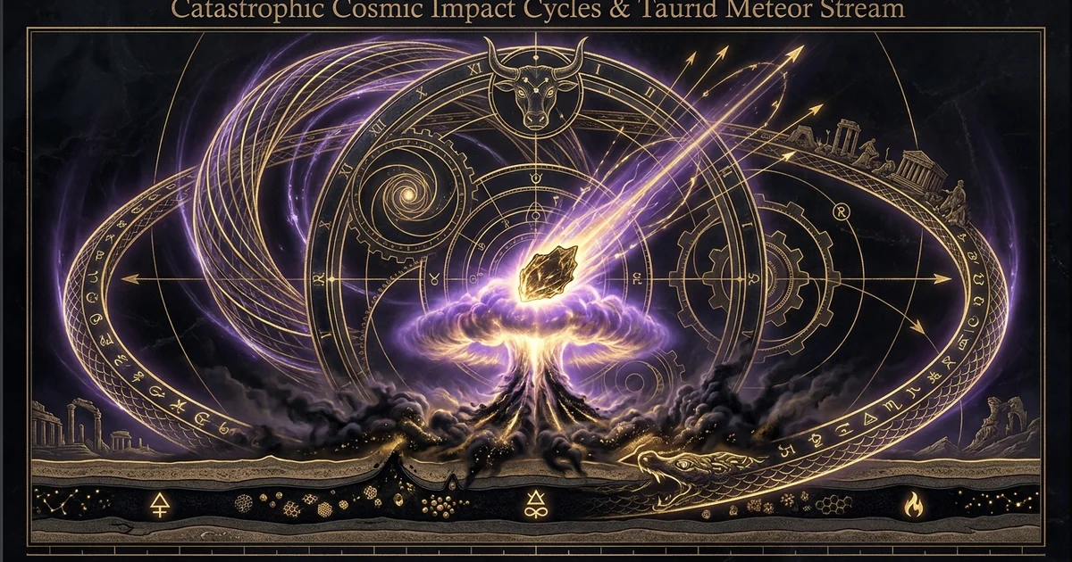 Cover illustration for treatise: Taurid Meteor Stream Giant Comet Fragmentation Victor Clube