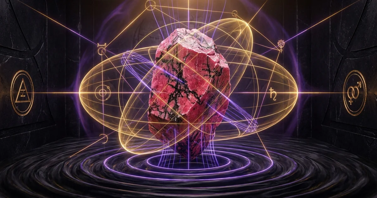 Cover illustration for treatise: Rhodonite Crystal Properties: Geology & Resonance Review