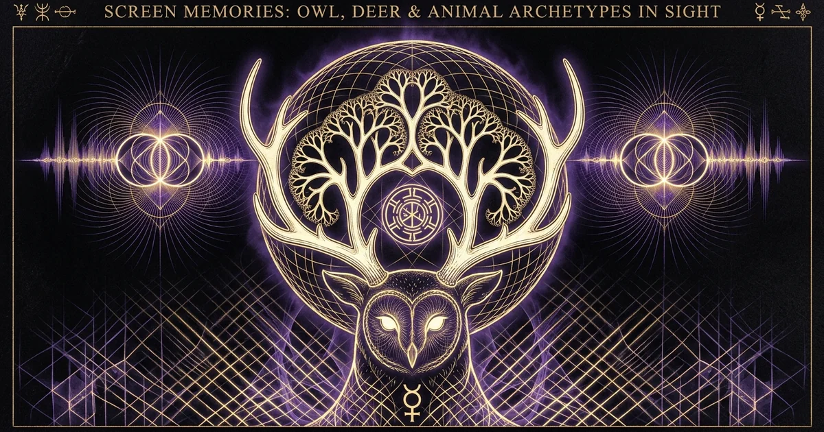 Cover illustration for treatise: Screen Memories Owls Deer Animals Ufo Encounters Mike