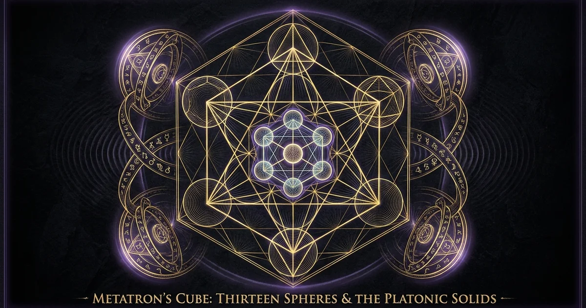 Cover illustration for treatise: Metatrons Cube Sacred Geometry Thirteen Spheres Platonic