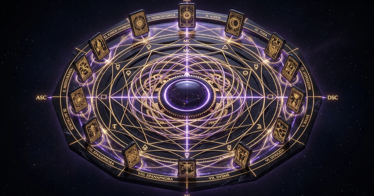 Cover illustration for treatise: The Astrological Twelve Houses Tarot Spread Architecture