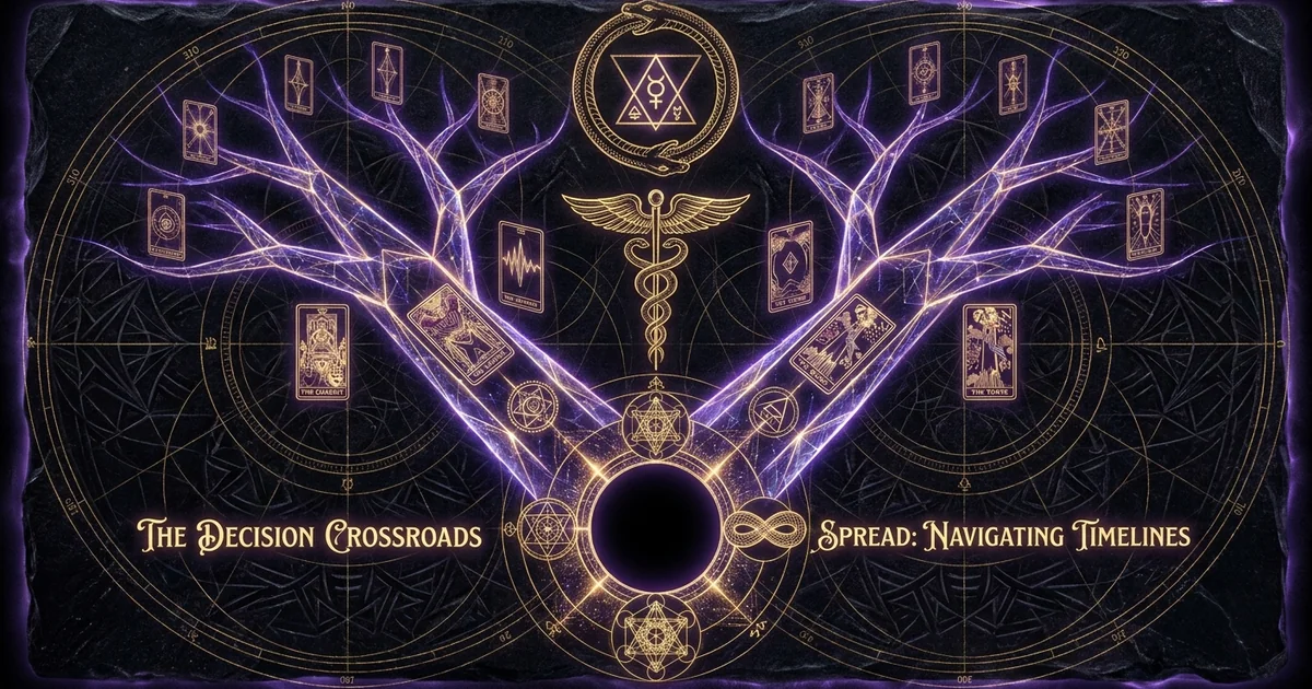 Cover illustration for treatise: The Decision Crossroads Tarot Spread Timelines Framework