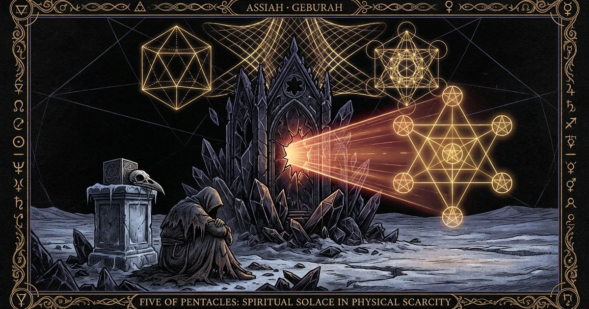 Cover illustration for treatise: Five of Pentacles Tarot Meaning: The Alchemy of Scarcity