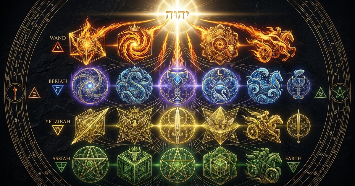 Cover illustration for treatise: The Four Kabbalistic Worlds Court Cards Emanation Model
