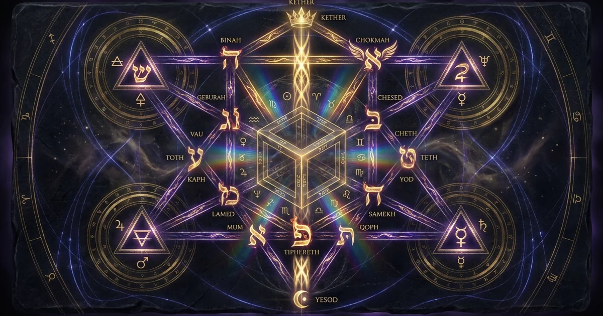 Cover illustration for treatise: Hebrew Letter Correspondences Tarot Aleph Tav Engine